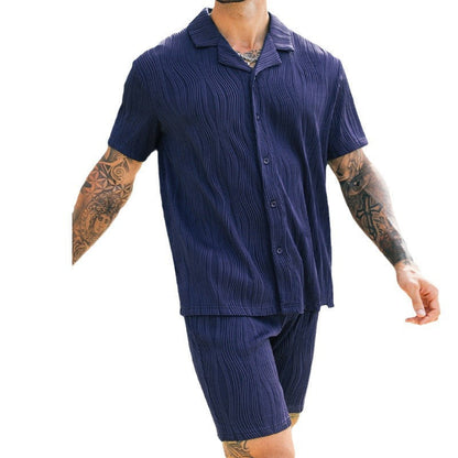 Men's Shirt Button Stripe Casual Fashion Loose Shorts Set